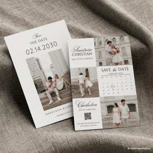Peut inclure: Deux cartons d'annonce de mariage blancs. L'un d'eux indique "Save the Date 02.14.2030" avec une photo d'un couple. L'autre carton contient des photos du couple, le texte "Anastasia Christian se marient !" et un calendrier.