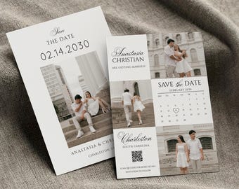 Editable Save The Date Template Photo Invitation Card Modern Save The Date With Calendar Elegant Wedding Invite QR Code Printable, MN8