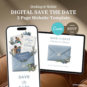May include: A digital Save the Date 3-page website template for desktop and mobile, featuring a blue envelope with a wax seal, floral accents, and photo placeholders. The screen displays text including Save the Date, Anastasia & Christian, and Custom RSVP Form.