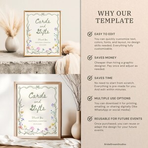 May include: Two framed signs with the text "Cards and Gifts" and floral accents. The signs include the text "Thank You" and a date. The signs are displayed with decorative vases and pampas grass.