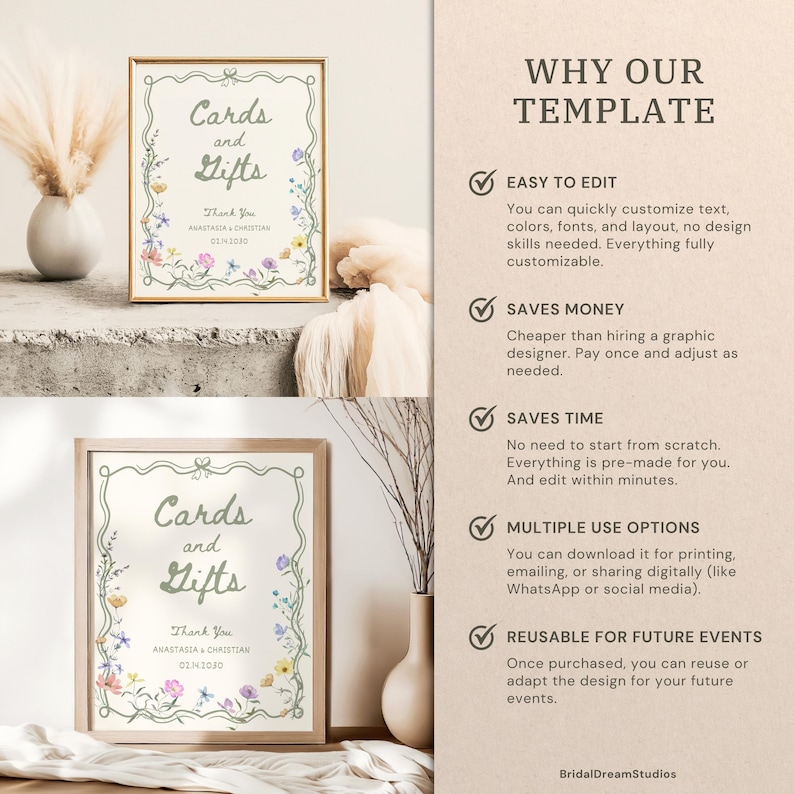 May include: Two framed signs with the text "Cards and Gifts" and floral accents. The signs include the text "Thank You" and a date. The signs are displayed with decorative vases and pampas grass.