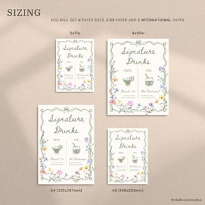 May include: Four printed signs with floral borders and the text "Signature Drinks." The signs display drink names like "French 75" and "Old Fashioned." Sizes include 5x7in, 8x10in, A4 (210x297mm), and A5 (148x210mm).