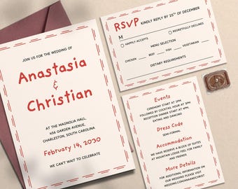 Plantilla de invitación de boda manuscrita, invitaciones de boda extravagantes con tarjetas RSVP, paquete de papelería, diseño dibujado a mano e imprimible en Canva, HD8