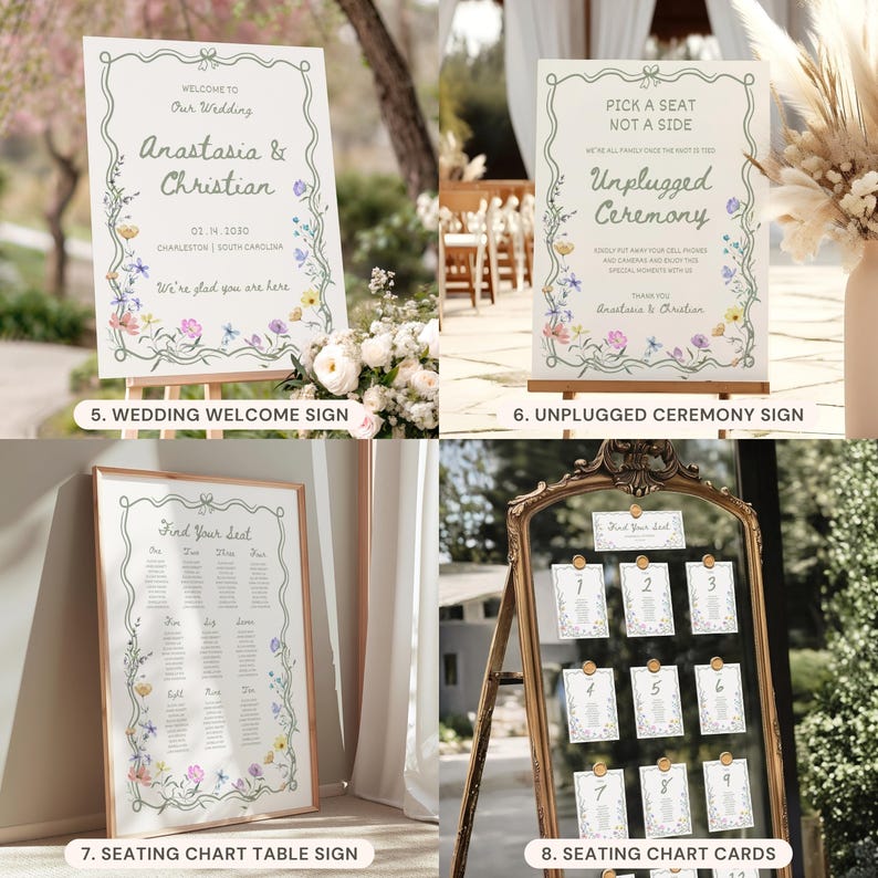 Wildflower Wedding Signs Bundle Vintage Whimsical Wedding Invite Set Modern Signature Cocktail Boho Floral Wedding Suite Bar Menu Sign, WF1 image 4