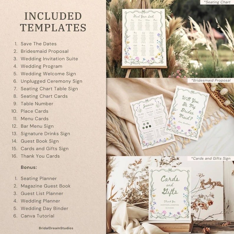 May include: A collection of wedding stationery templates featuring floral borders and elegant typography. The set includes a seating chart, bridesmaid proposal card, and cards and gifts sign, alongside a list of sixteen included items and bonus planners.