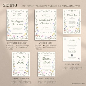 May include: A collection of wedding signage templates featuring a wavy sage green border and colorful wildflower illustrations. The set includes signs for an unplugged ceremony, welcome sign, cards and gifts, guest book, and thank you cards with text.