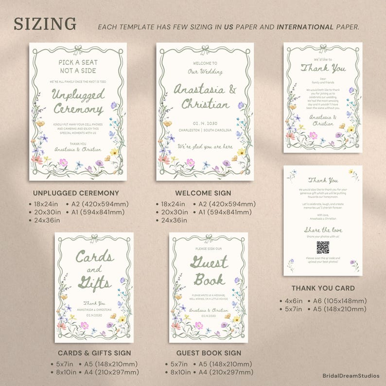May include: A collection of wedding signage templates featuring a wavy sage green border and colorful wildflower illustrations. The set includes signs for an unplugged ceremony, welcome sign, cards and gifts, guest book, and thank you cards with text.