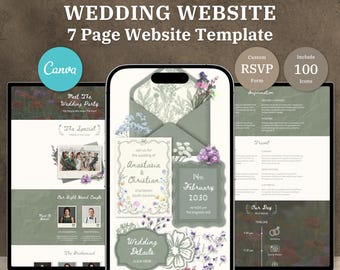 Sage Green Wedding Website Template Wildflower Digital Invite With RSVP Invitation Whimsical Wedding Boho Floral Evites Wedding Details, WF1