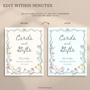 May include: A before-and-after image of a wedding sign that reads "Cards and Gifts." The sign features floral accents and the text "Thank You" with names and dates. The top text reads "Edit Within Minutes."