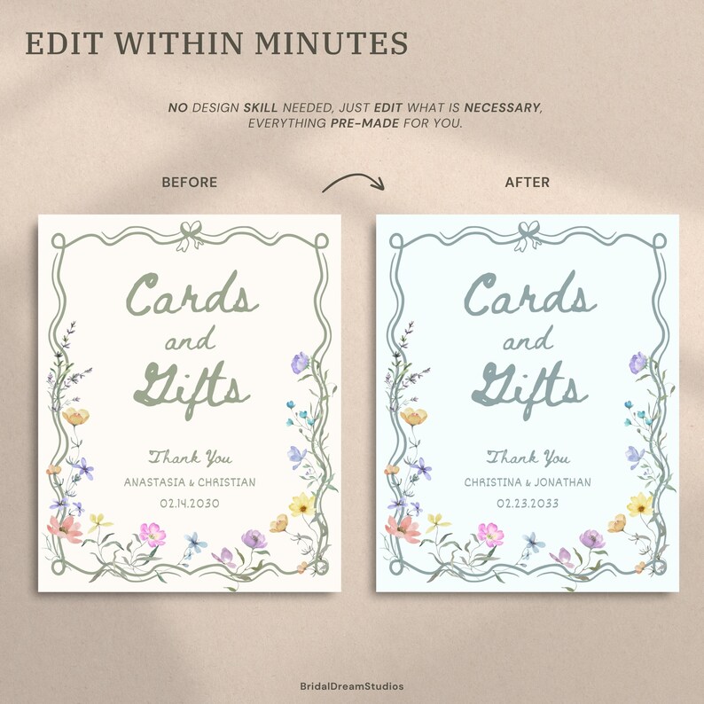 May include: A before-and-after image of a wedding sign that reads "Cards and Gifts." The sign features floral accents and the text "Thank You" with names and dates. The top text reads "Edit Within Minutes."