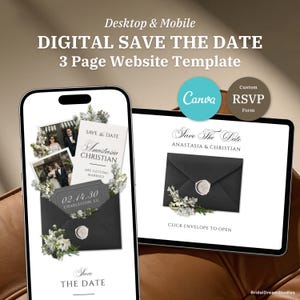 May include: A digital wedding save-the-date template displayed on a smartphone and tablet. The design features a black envelope with a wax seal, photos, and floral accents. Text includes "Save the Date," names, and wedding details. The template is for a 3-page website.