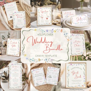 Op de afbeelding: Een sjabloon voor een trouwstationery-bundel met een bloemenrandontwerp van wilde bloemen. De collectie bevat diverse borden en kaarten met rode en grijze tekst, waaronder 'Signature Drinks', 'Cards & Gifts', 'Guest Book' en 'Wedding Bundle'.