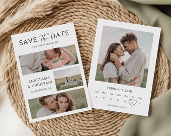 Minimalistische Save the Date-uitnodigingen met foto's Moderne trouwuitnodigingskaart sjabloon Bewerkbare trouwaankondigingen Printbaar briefpapier MN6