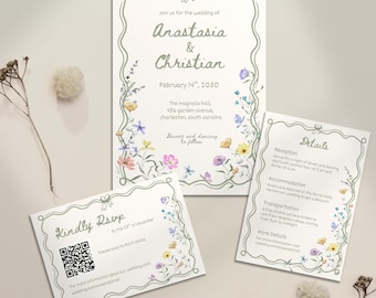 Whimsical Wildflower Wedding Invite Template Floral Wedding Invitations Canva Suite Handwritten Sage Green Wedding Stationery Bundle, WF1