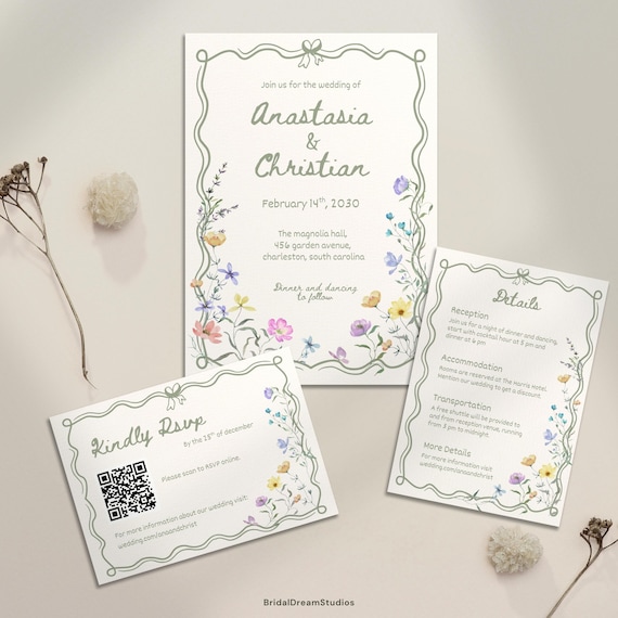 Whimsical Wildflower Wedding Invite Template Floral Wedding Invitations Canva Suite Handwritten Sage Green Wedding Stationery Bundle, WF1