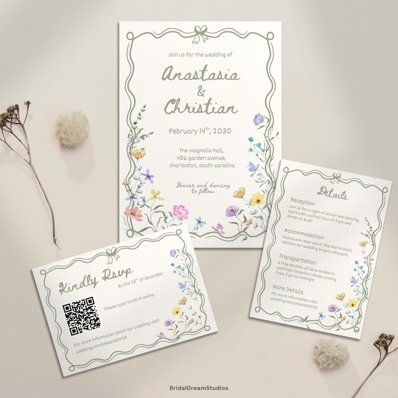 Whimsical Wildflower Wedding Invite Template Floral Wedding Invitations Canva Suite Handwritten Sage Green Wedding Stationery Bundle, WF1 image 1