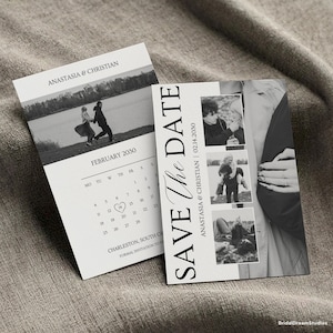 May include: Black and white wedding announcement cards. One card features a calendar with a heart around February 14, 2030. The other card says "Save The Date" with photos and the names "Anastasia & Christian".