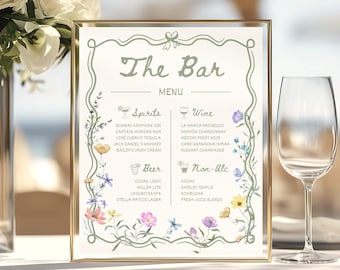 Menú de bar para bodas: Letrero de boda caprichoso con flores silvestres, editable, plantilla de menú de bar de cócteles de autor, estilo bohemio floral para bebidas de boda, WF1
