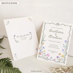Whimsical Wildflower Wedding Invite Template Floral Wedding Invitations Canva Suite Handwritten Sage Green Wedding Stationery Bundle, WF1 image 2
