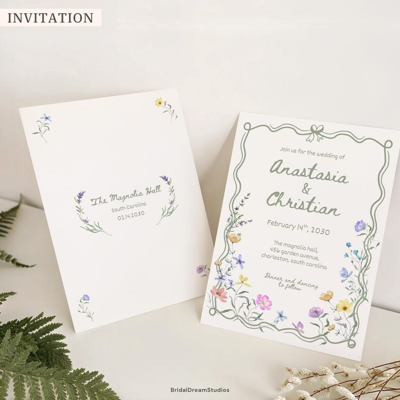Whimsical Wildflower Wedding Invite Template Floral Wedding Invitations Canva Suite Handwritten Sage Green Wedding Stationery Bundle, WF1 image 2