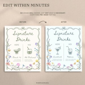May include: A before-and-after image of editable signature drink signs. The signs feature floral borders and include drink names and ingredients. The text at the top says "Edit Within Minutes". The signs are designed for weddings or events.