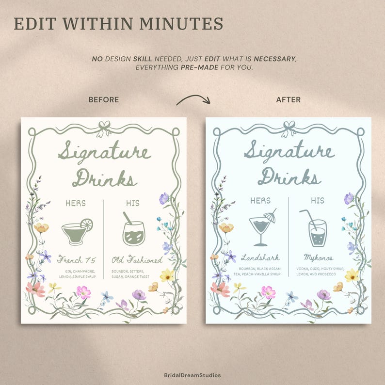 May include: A before-and-after image of editable signature drink signs. The signs feature floral borders and include drink names and ingredients. The text at the top says "Edit Within Minutes". The signs are designed for weddings or events.