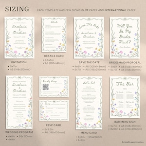 May include: A collection of wedding stationery templates featuring a wavy border and floral illustrations. The set includes an invitation, details card, save the date, bridesmaid proposal, wedding program, RSVP card, menu card, and bar menu sign.