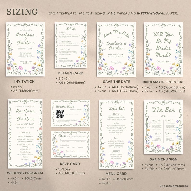 May include: A collection of wedding stationery templates featuring a wavy border and floral illustrations. The set includes an invitation, details card, save the date, bridesmaid proposal, wedding program, RSVP card, menu card, and bar menu sign.