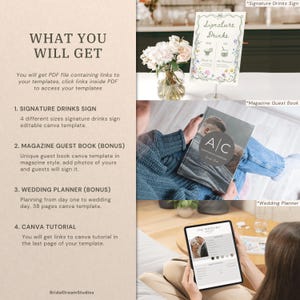 May include: A promotional image showcasing wedding planning templates. The image includes a signature drinks sign, a magazine guest book, and a wedding planner template. The text "WHAT YOU WILL GET" is at the top, with details about the templates.