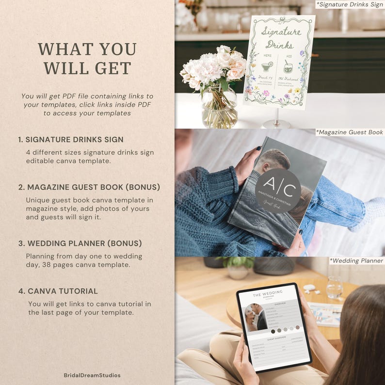 May include: A promotional image showcasing wedding planning templates. The image includes a signature drinks sign, a magazine guest book, and a wedding planner template. The text "WHAT YOU WILL GET" is at the top, with details about the templates.