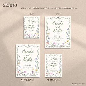 May include: A collection of wedding signage options with the text "Cards and Gifts" in a decorative font. The signs are framed with a floral border and include the names Anastasia & Christian and the date 02.14.2030. Sizes include 5x7in, 8x10in, A4 (210x297mm), and A5 (148x210mm).