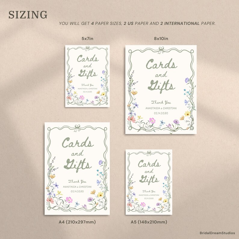 May include: A collection of wedding signage options with the text "Cards and Gifts" in a decorative font. The signs are framed with a floral border and include the names Anastasia & Christian and the date 02.14.2030. Sizes include 5x7in, 8x10in, A4 (210x297mm), and A5 (148x210mm).