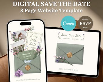 Salie groene bruiloft bewaar de datum website sjabloon Wildflower digitale uitnodiging met RSVP-uitnodiging grillige bruiloft boho bloemen evites, WF1