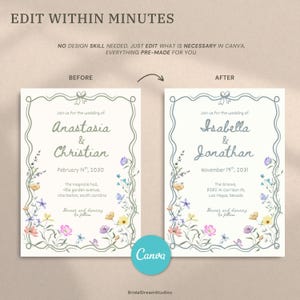 May include: A digital wedding invitation template featuring a wavy border with a bow at the top and watercolor wildflowers at the bottom. The text reads EDIT WITHIN MINUTES, NO DESIGN SKILL NEEDED, JUST EDIT WHAT IS NECESSARY IN CANVA, EVERYTHING PRE-MADE FOR YOU, BEFORE, AFTER, and BridalDreamStudios.