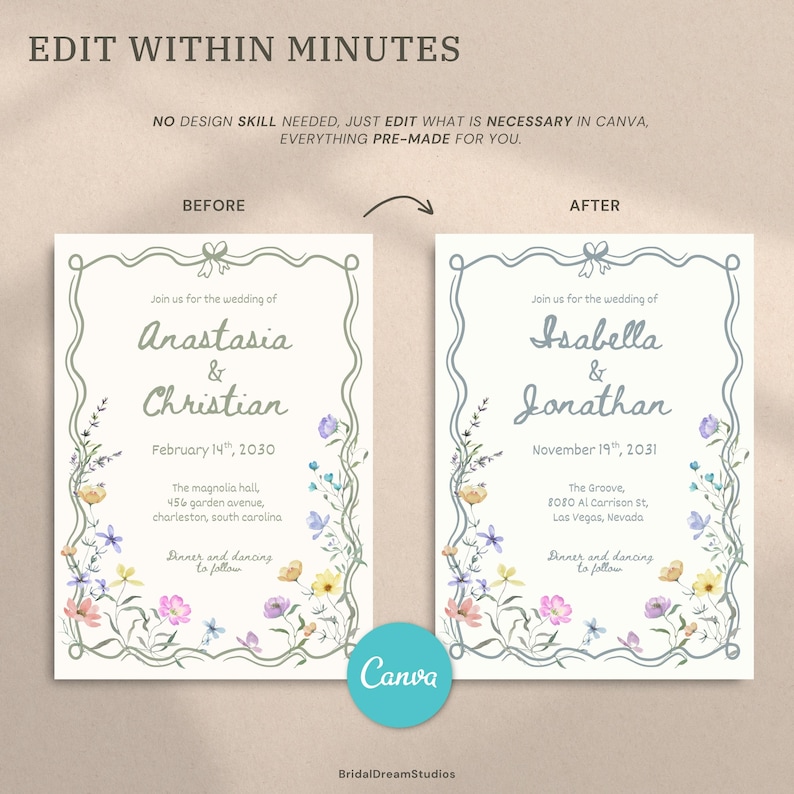 May include: A digital wedding invitation template featuring a wavy border with a bow at the top and watercolor wildflowers at the bottom. The text reads EDIT WITHIN MINUTES, NO DESIGN SKILL NEEDED, JUST EDIT WHAT IS NECESSARY IN CANVA, EVERYTHING PRE-MADE FOR YOU, BEFORE, AFTER, and BridalDreamStudios.
