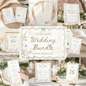 May include: A wedding stationery bundle template featuring a wildflower border design with pastel floral illustrations. The set includes various cards such as a welcome sign, menu, thank you card, and table number, all displaying elegant typography.
