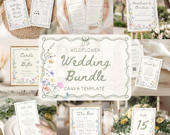 Wildflower Wedding Signs Bundle Vintage Whimsical Wedding Invite Set Modern Signature Cocktail Boho Floral Wedding Suite Bar Menu Sign, WF1