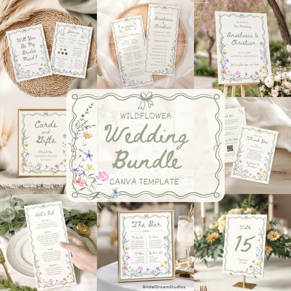 Wildflower Wedding Signs Bundle Vintage Whimsical Wedding Invite Set Modern Signature Cocktail Boho Floral Wedding Suite Bar Menu Sign, WF1