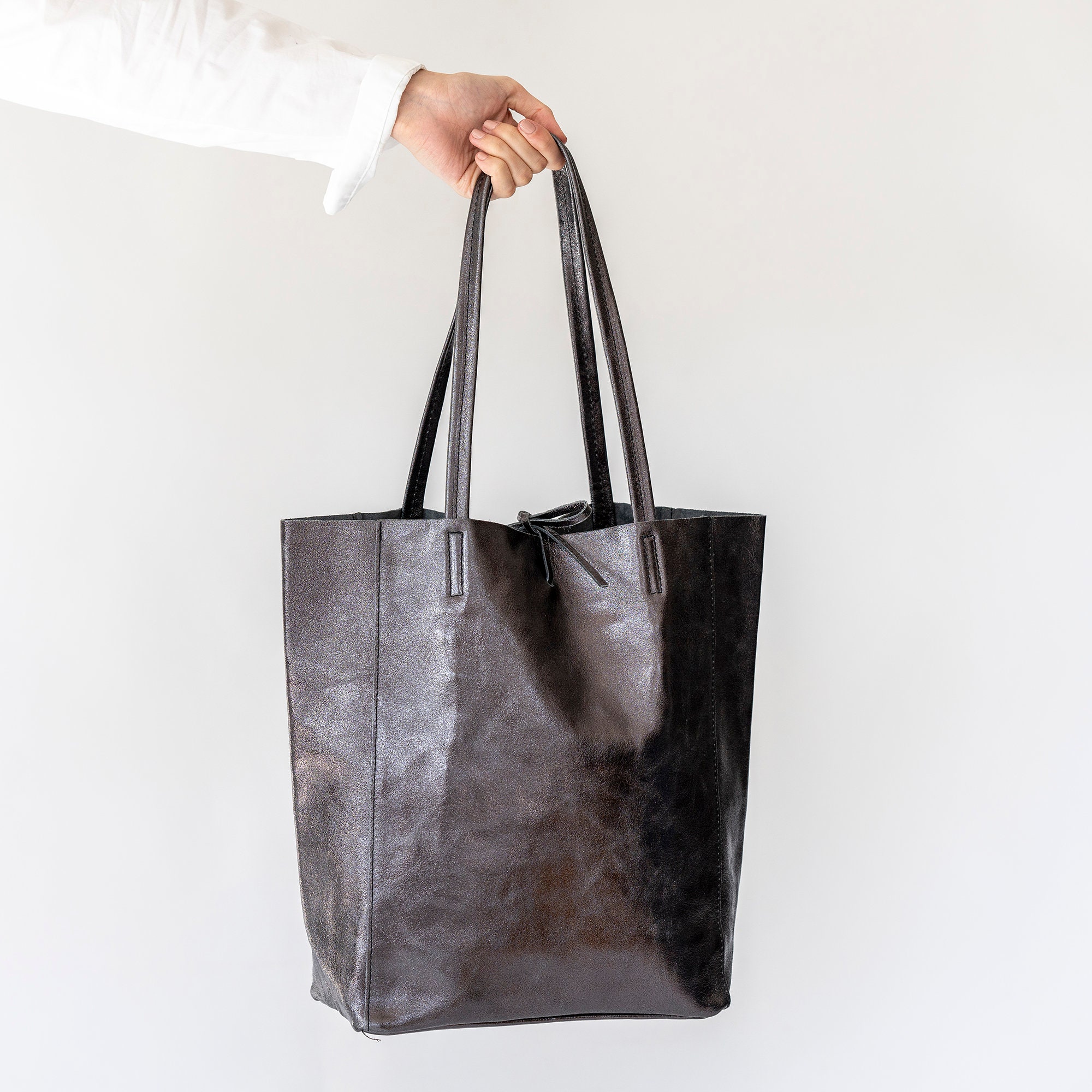 Pewter Leather Tote Metallic Leather Shopper Laptop Bag Large Leather Tote Pewter Casual Shopper Tie Top Bag Unlined Tote Market Bag Etsy