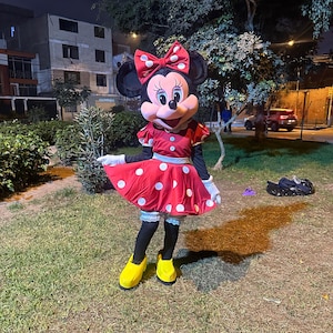 Könnte beinhalten: Eine Person in einem Minnie-Maus-Kostüm steht auf Gras. Das Kostüm hat ein rotes Kleid mit weißen Punkten, eine passende Schleife und gelbe Schuhe. Der Hintergrund umfasst Bäume, Gebäude und eine Straße.