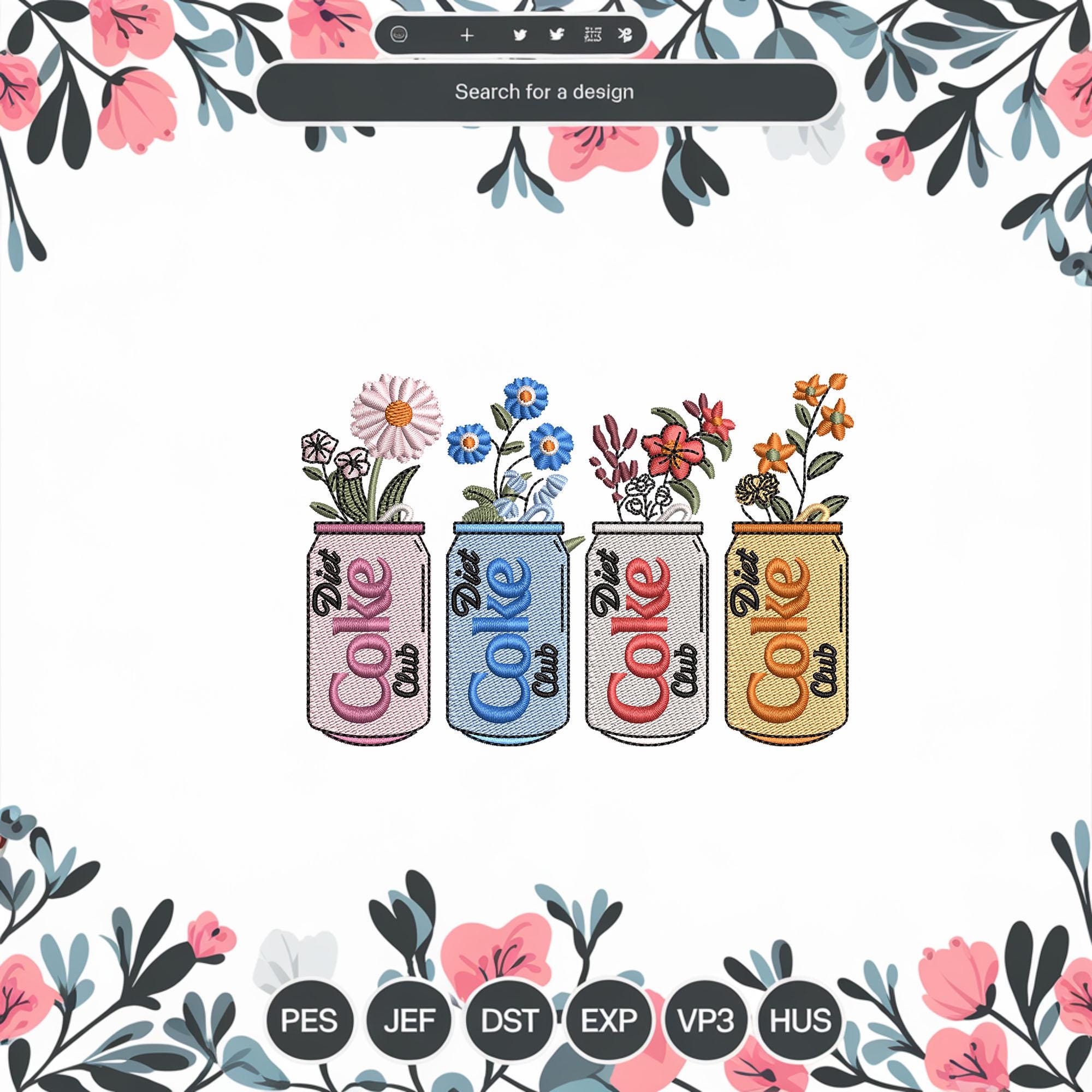 floral embroidery designs, flower diet machine digital embroidery designs,  diet coke embroidery pattern, 3 SIZE - Instant downloads