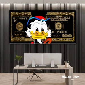 Bild Scrooge McDuck 100dollars schwarz ,one Hunder,Scrooge MCDUCK Art,pop,motivation, Wand Kunst, Büro Deko