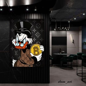 Cuadro premium de Scrooge McDuck con bitcoin. Arte de Scrooge MCDUCK, para oficina, decoración del hogar, regalo perfecto, arte mural, decoración de pared, arte pop.