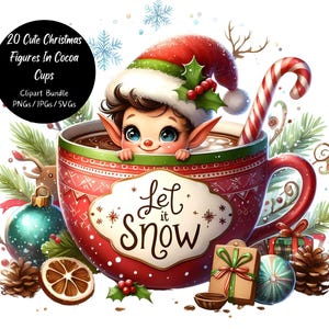 Figuras de Natal em xícaras de chocolate, pacote de clipart fofo de aquarela, caneca de chocolate quente de Natal, imagens de clipart de animais, arquivos de Merry Xmas