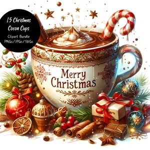 Pode incluir: Uma caneca de chocolate quente de Natal festiva com chantilly e um bastão de caramelo, cercada por enfeites, paus de canela e uma caixa de presente. A caneca tem um fundo branco com detalhes vermelhos e verdes e as palavras "Feliz Natal" escritas nela.