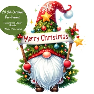 Lindos gnomos de árboles de Navidad, paquete de imágenes prediseñadas de gnomos de árboles, imágenes prediseñadas de acuarela, archivos de feliz Navidad, gráficos festivos de gnomos de Navidad, festivos