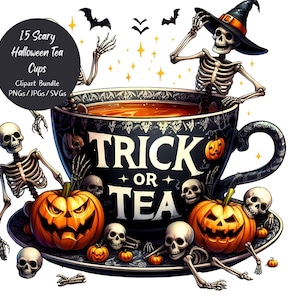 Gruselige Halloween Teetassen, Aquarell Clipart Bundle, Niedlich Die Becher Halloween Tasse, Kaffee Download Clip Art Bilder, Kakao Zitate und Textdatei
