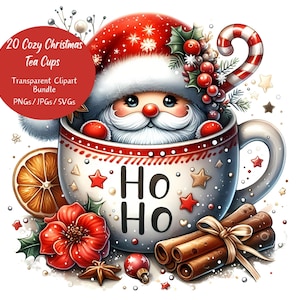 Tazas de té navideñas acogedoras, paquete de imágenes prediseñadas de acuarela, taza digital, descarga de imágenes prediseñadas de animales, archivos de Feliz Navidad, chocolate caliente, café
