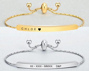 Personalized Engraved Bar Bracelet Custom Name Coordinates Adjustable Stainless Steel Jewelry