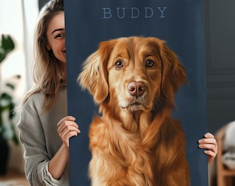 May include: A digital painting of a golden retriever dog with the name "BUDDY" printed above the dog's head on a dark blue background.